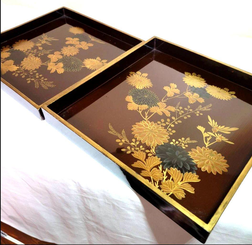 【週末特別値下げ】【時代物:文政】金蒔絵 草花文 角盆 2枚揃 共箱付　封書付