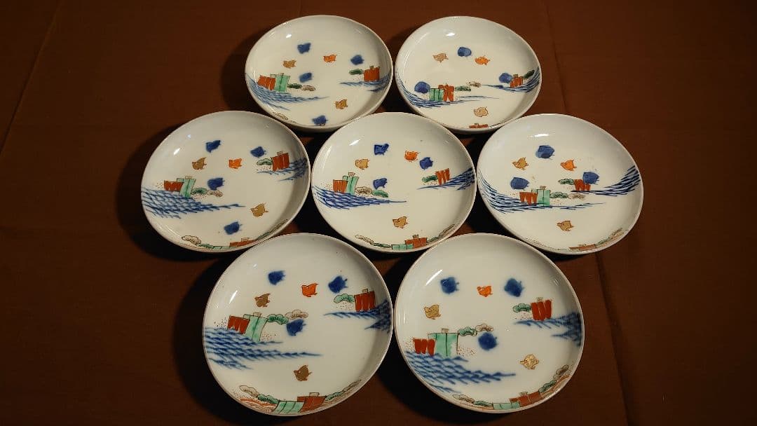 古伊万里　伊万里　波千鳥　色絵　アンティーク伊万里　菓子皿　希少図柄　蔵出　７客