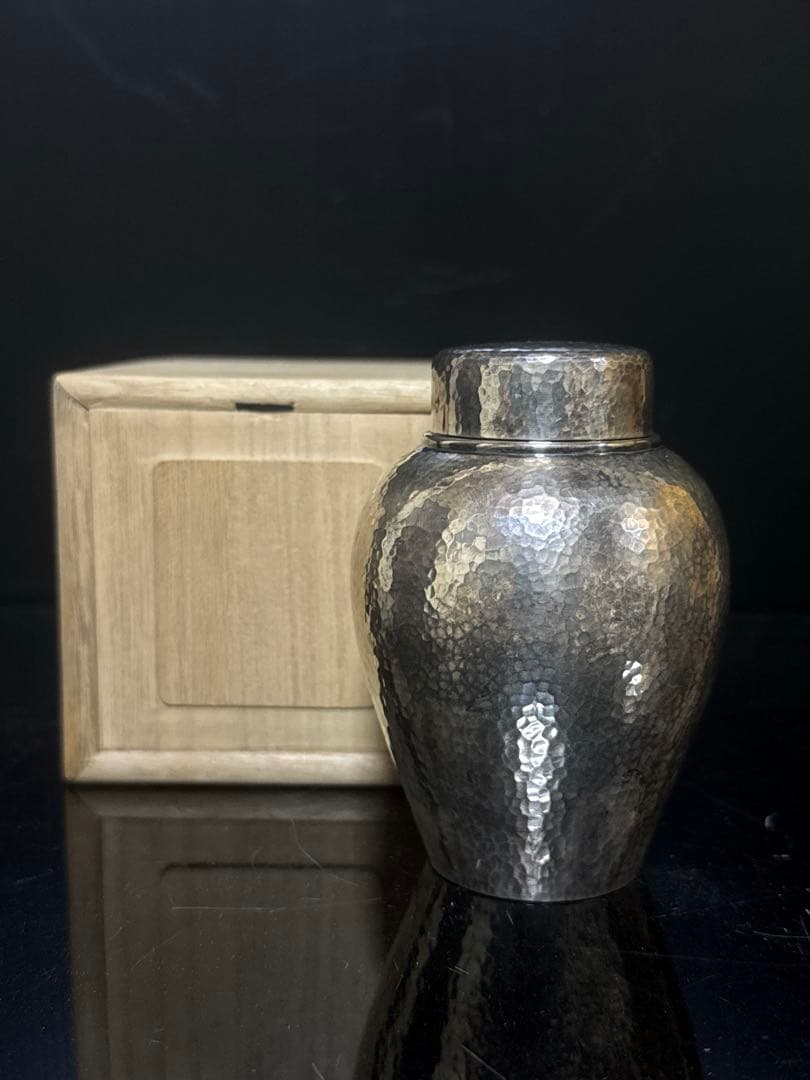 極上 純銀 槌目 二重口蓋 棗型 茶入 茶壷 茶道具 桐箱付